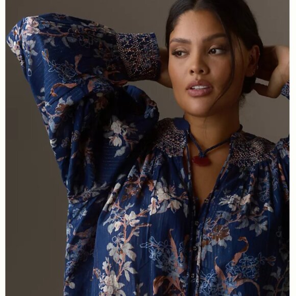 Brand New By Anthropologie Long-Sleeve Smocked Jacquard Top Blouse - Picture 5 of 7